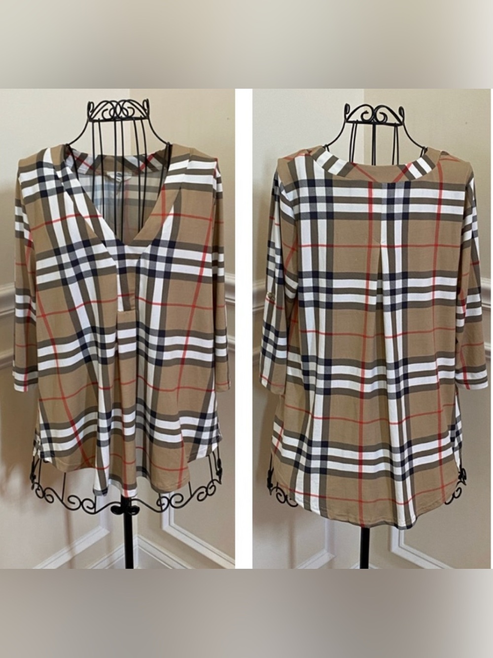 NWOT Entro Plaid Pullover 3/4 Sleeve Top